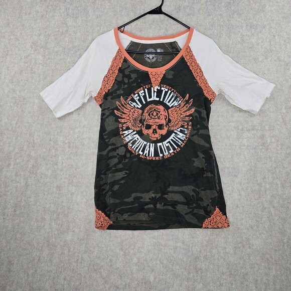 Affliction American Customs Camo Lace Graphic Tee Shirt V-Neck Short Sleeve Y2K - Picture 1 of 7